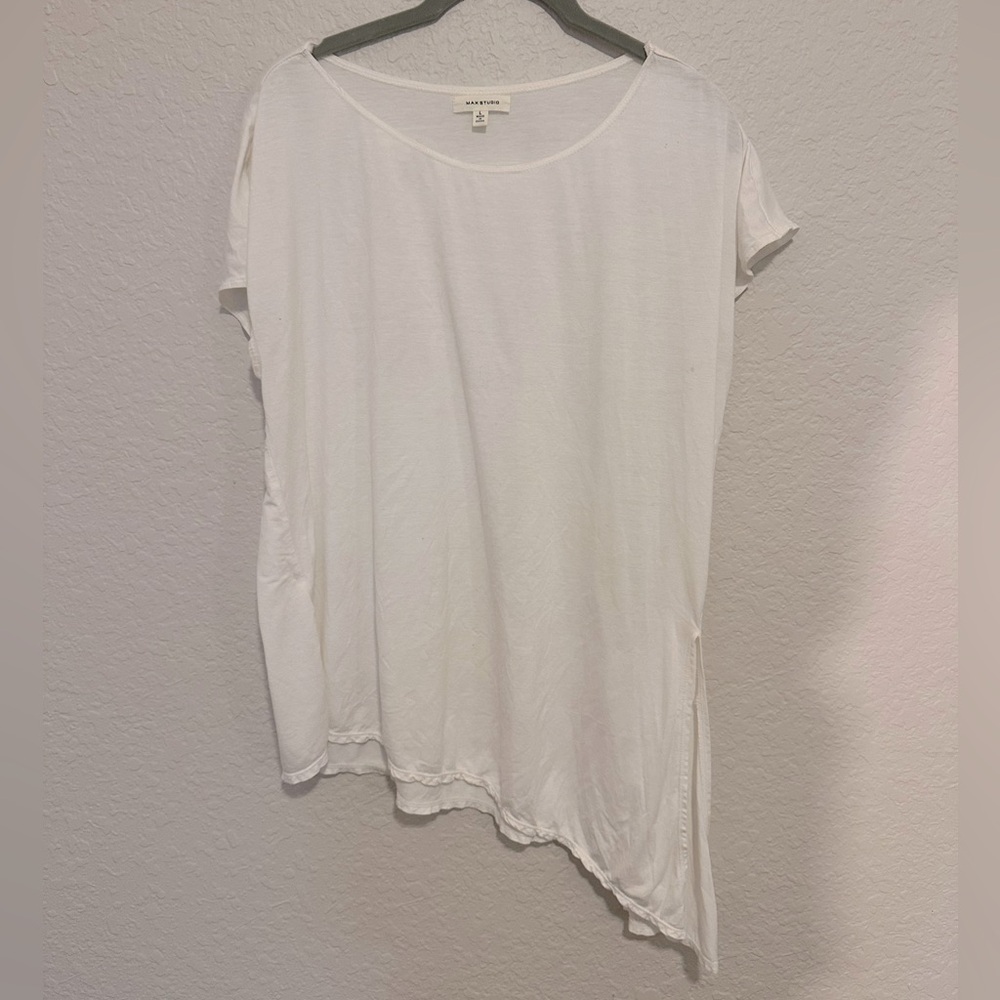Max Studio White Asymmetrical Hem Tunic Top (Size L)